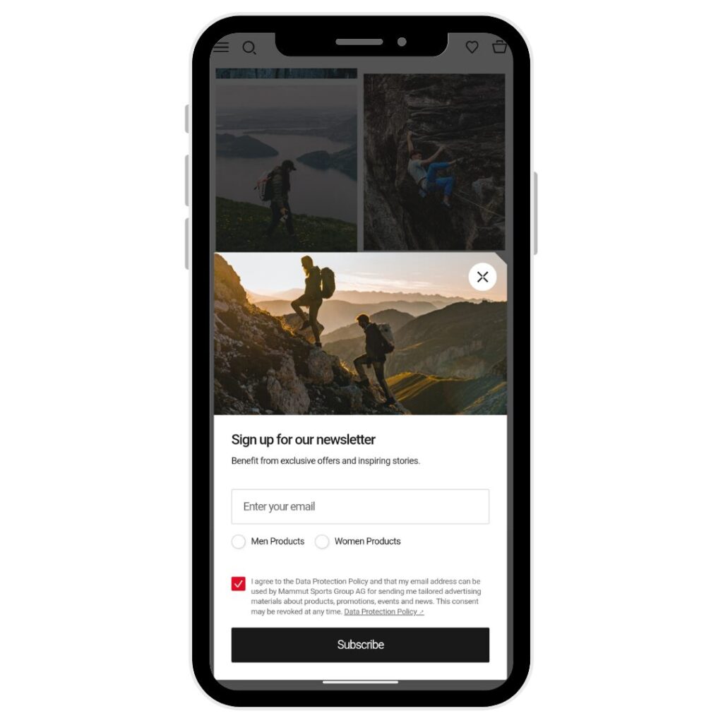 Email list growth strategy consent and privacy policy example by Mammut