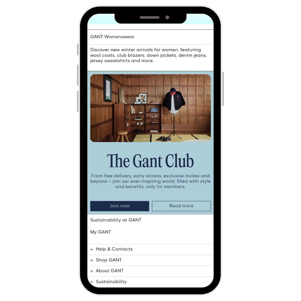 Gant example using loyalty program as tactic for email list growth