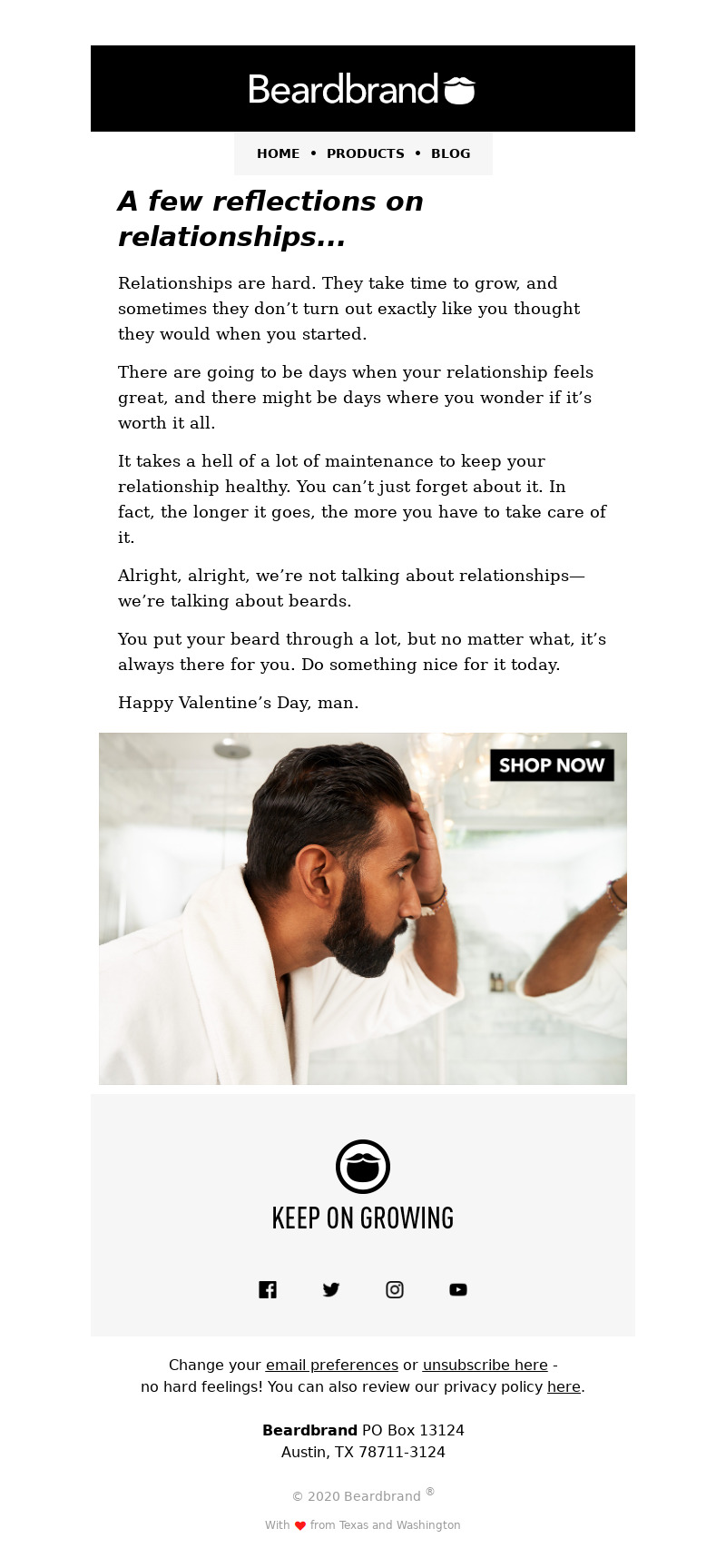 Beardbrand, Valentine's Day email campaign with playful and creative copywriting