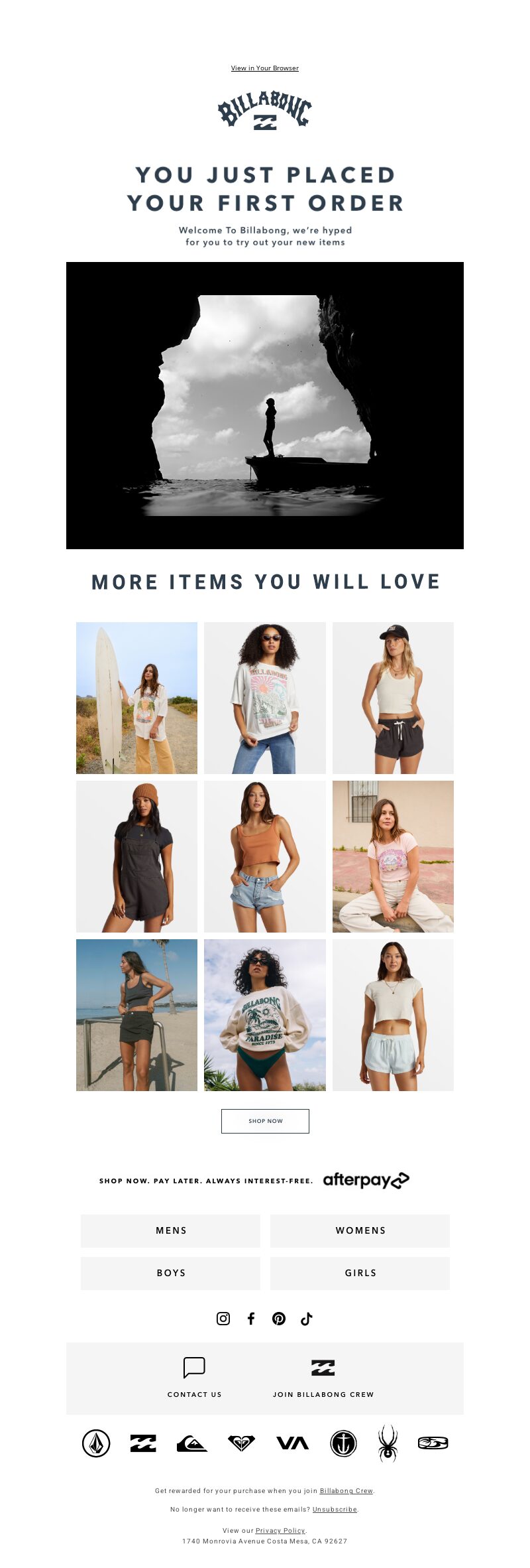 Billabong, product suggestions email.