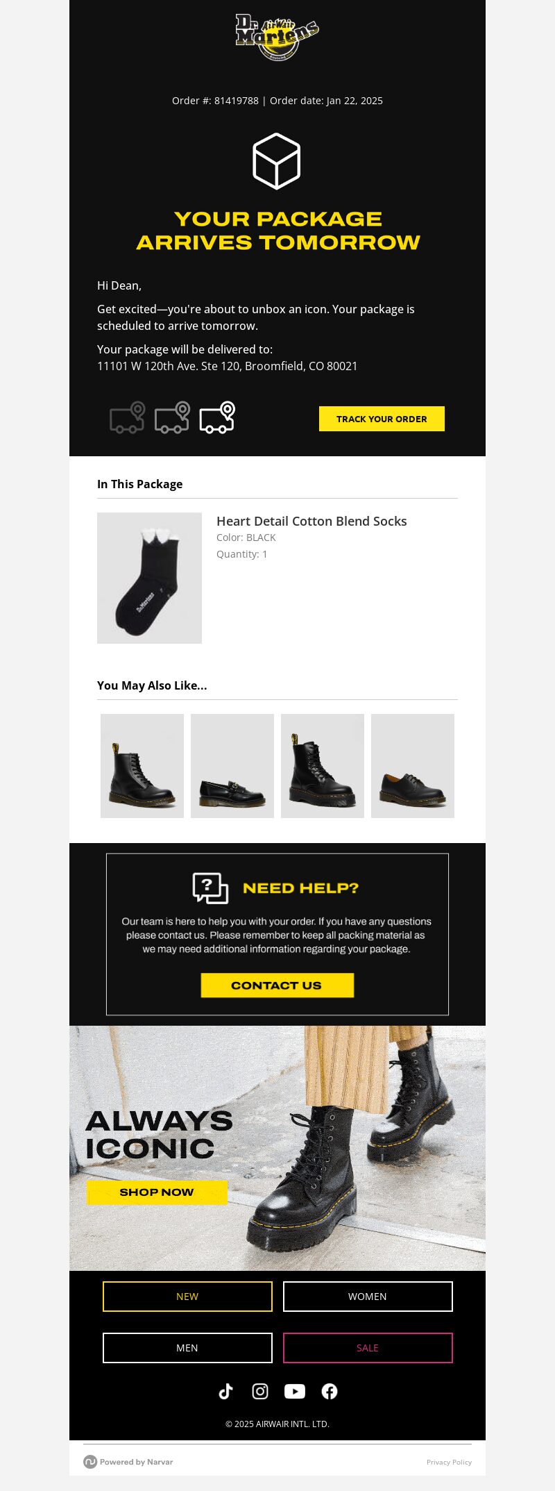 Dr Martens, shipping update email.