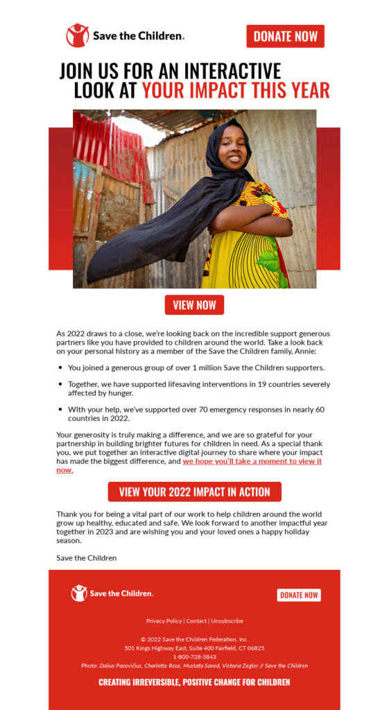 Image of yearly roundup email from Save the Children