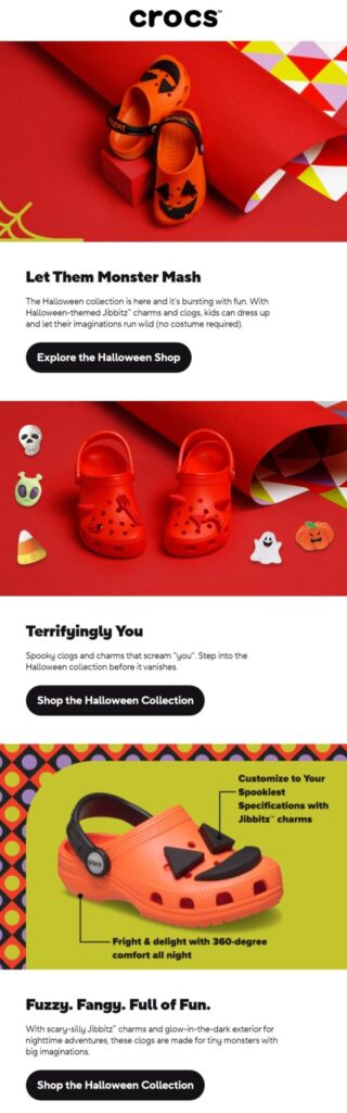 Crocs Halloween email, includes photography of orange crocs with black accessories shaped like a pumpkin face. Includes Halloween copy like 'Let them monster mash' 