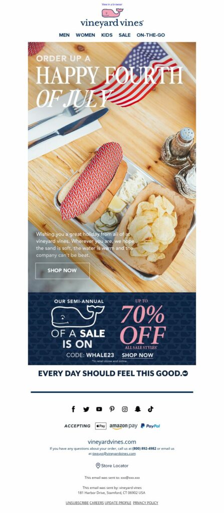 Vineyard Vines, 4th July email marketing campaign.