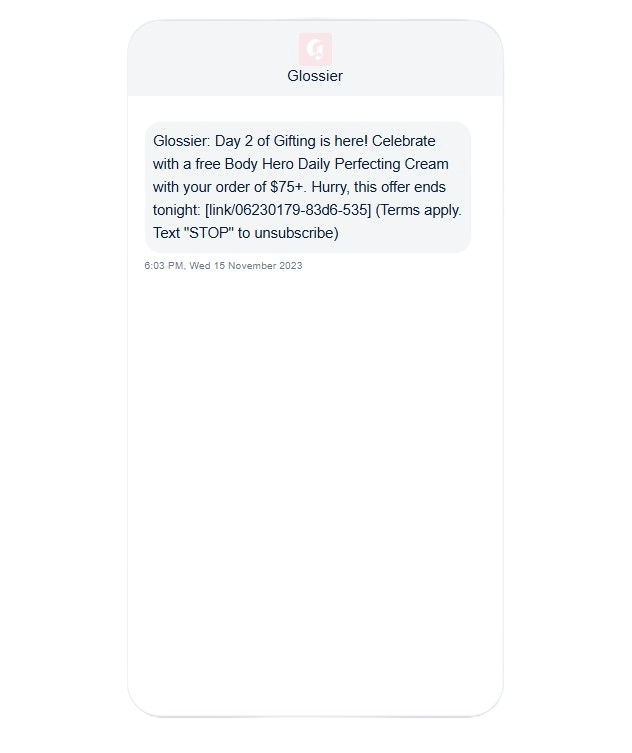 Glossier, exclusive offer SMS message. 