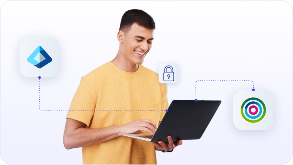 Smiling happy man looking at laptop