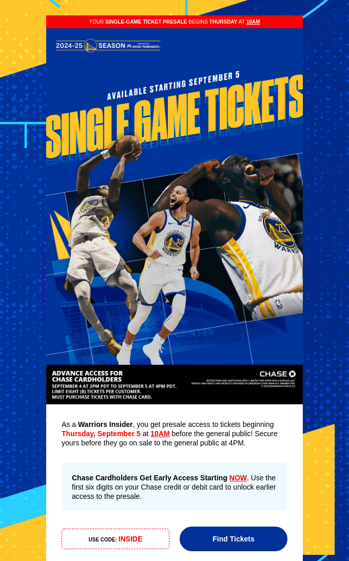 Exclusive access and discount code sent by the Golden State Warriors
