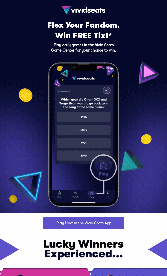 Interactive experience for users to win tickets from Vivid Seats