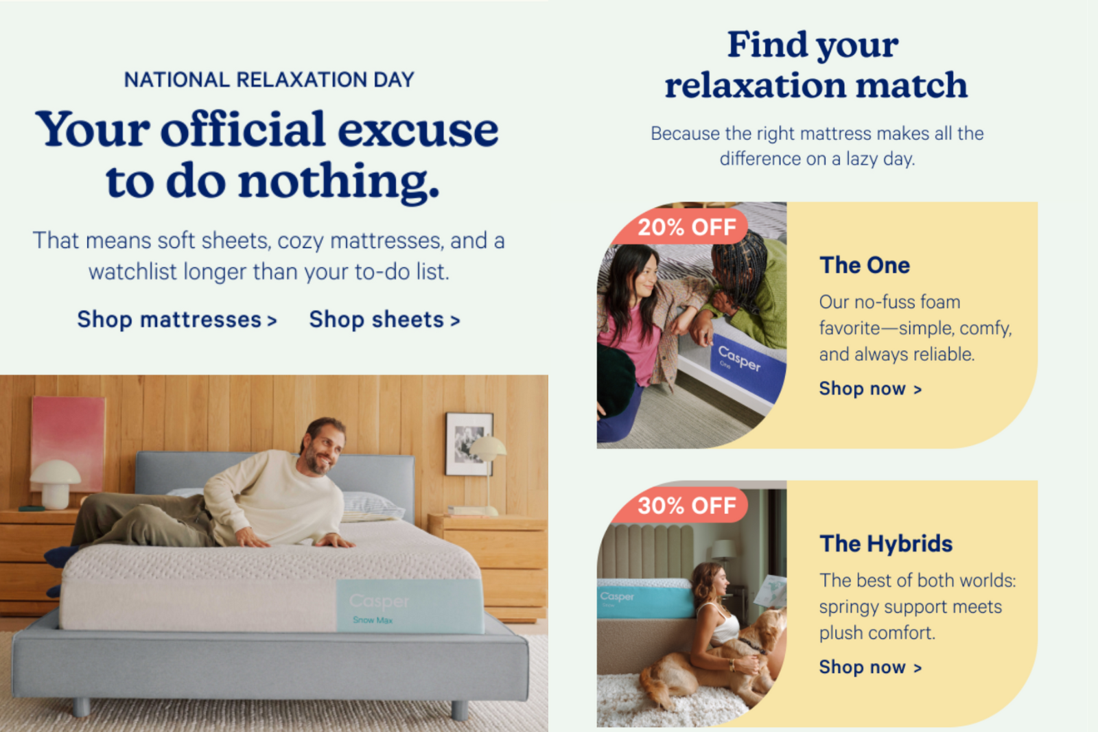 Casper, National Relaxation Day email marketing campaign. 