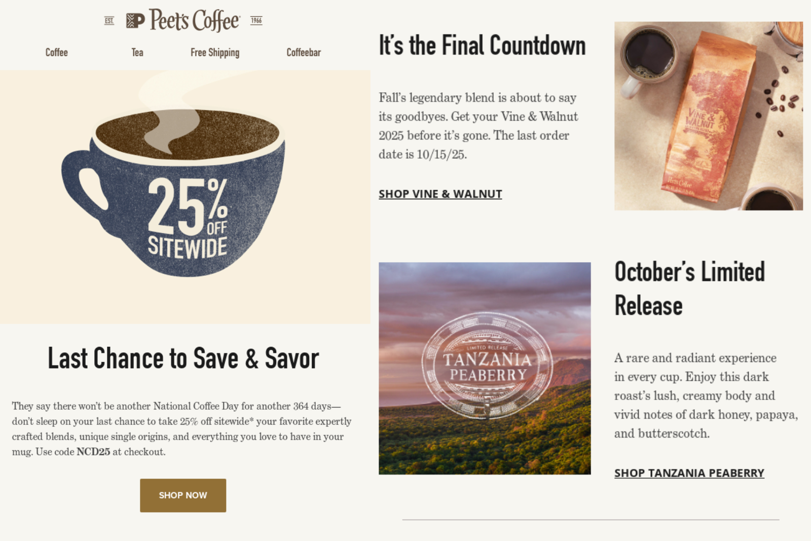 Peet’s Coffee international coffee day email marketing campaign.