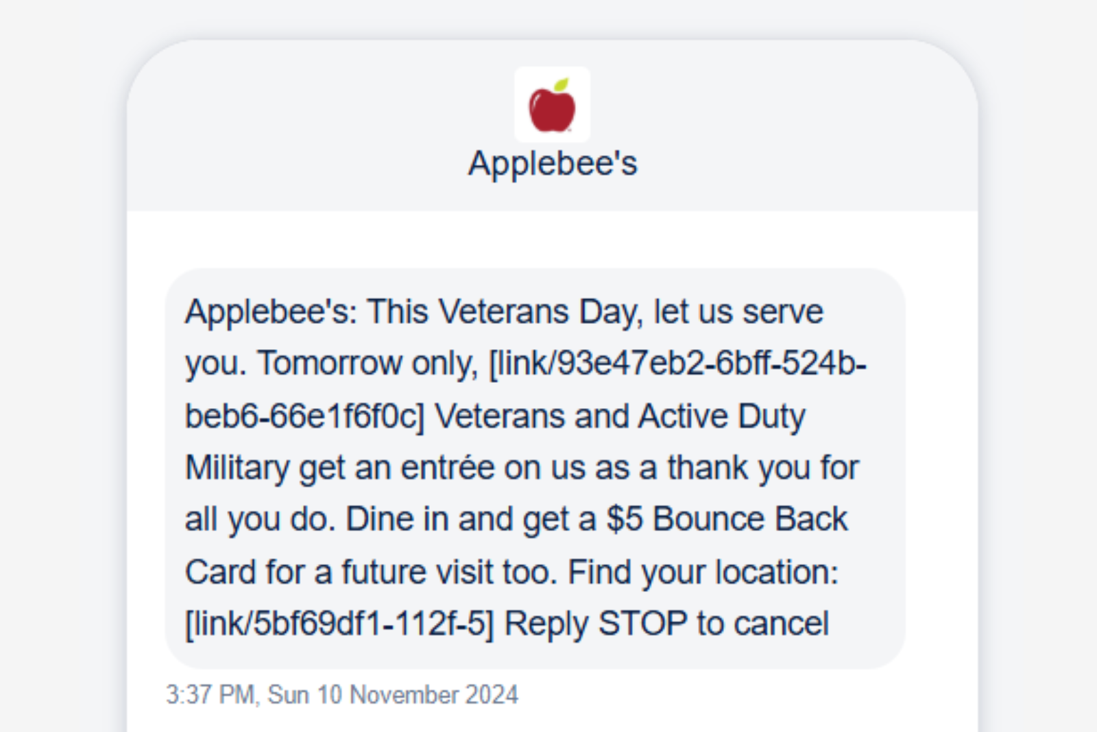 Applebee’s veterans day SMS campaign