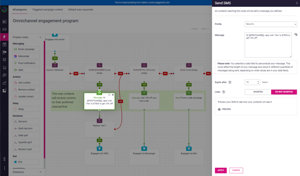 Dotdigital marketing automation platform SMS automation flow