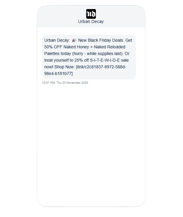 Urban Decay new Black Friday deals promotion SMS message.